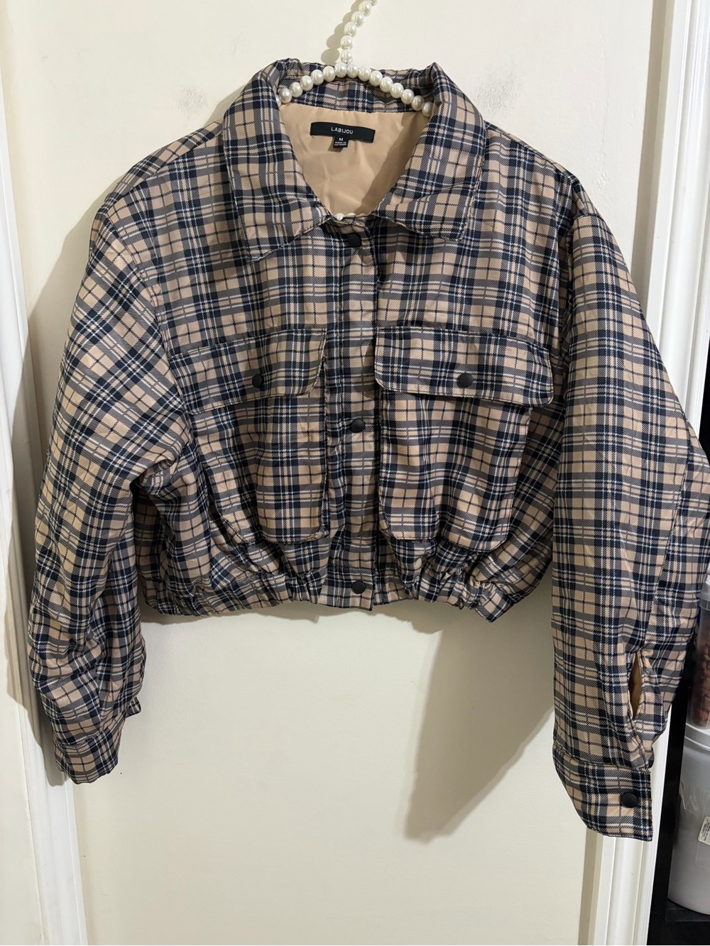 Labijou Cropped Plaid Jacket in Beige and Navy